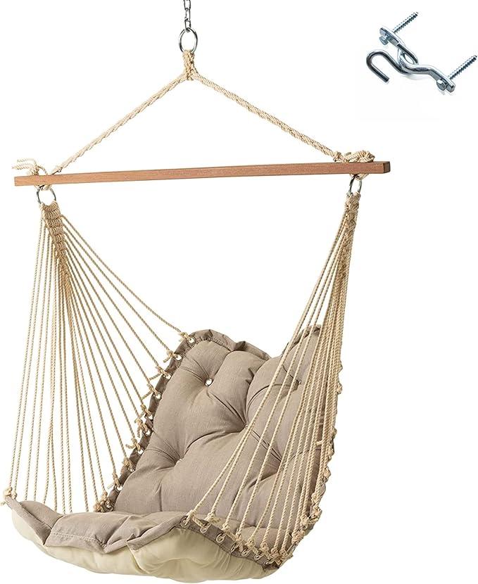 Hatteras Hammocks Cast Ash Sunbrella Tufted Single Swing – 300 lb Capacity, Indoor/Outdoor, Cumaru Spreader Bar – Handcrafted in The USA