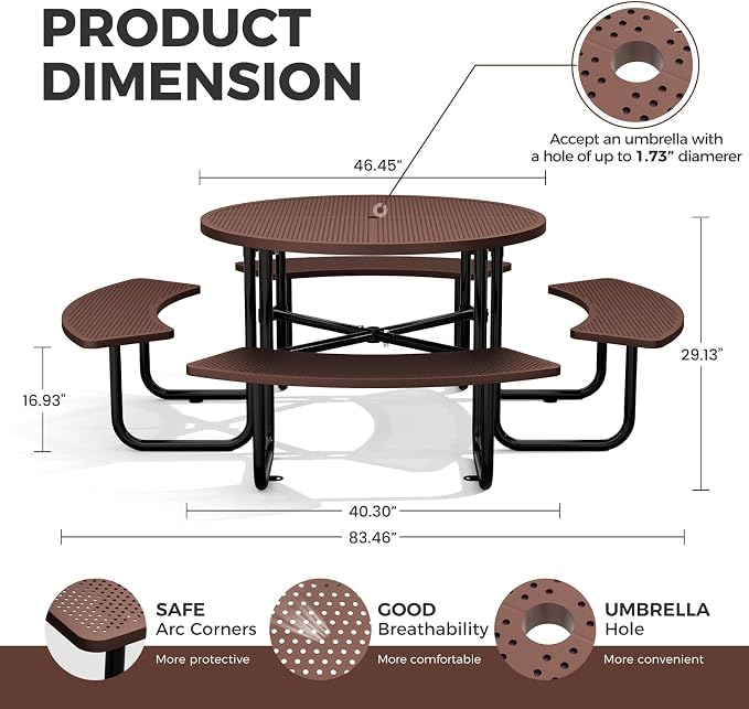 83" Round Heavy Duty Picnic Table for Outdoors Commercial Camping Table with Umbrella Hole up to 1.78" Brown Coated Steel Frame Waterproof Rust Resistant 3200 lbs Load Capacity