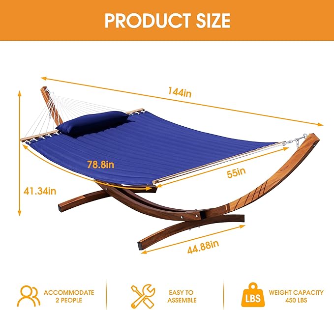 Lazy Daze Hammocks 12 FT 2 Person Double Quilted Hammock with Curved Steel Heavy Duty Stand and Pillow for Outside, Backyard, Patio, 450 Lbs Capacity, Blue