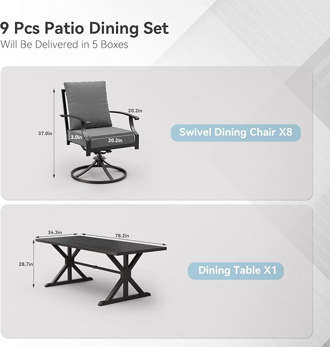 ALAULM 9-Piece Patio Dining Set, Outdoor Metal Dining Set with 8 Swivel Chairs & Rectangle Table with 1.5 Umbrella Hole, Patio Dining Table and Chairs for Backyard, Grey