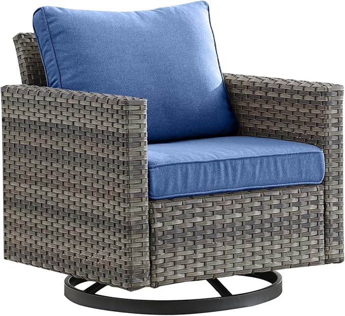 Outdoor Patio Swivel Rocker Chairs - Single Wicker Patio Swivel Rocking Chair with Waterproof Wicker,Comfortable Cushions and Sturdy Metal Frame for Outside Porch Deck Backyard(Mixed Grey/Blue/1PC)