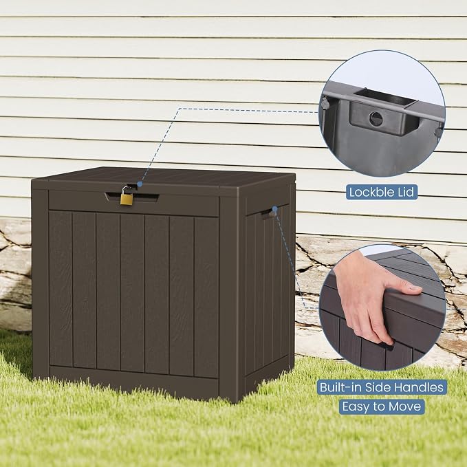 Deck Box with 31 Gallon Capacity, Weatherproof Resin Lockable Outdoor Storage for Secure Package Deliveries and Indoor Storage in Garden or Patio for Porch Backyard Garden (Brown)