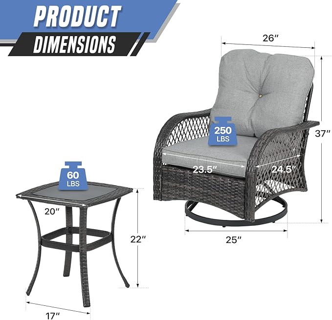 3-Piece Outdoor Patio Swivel Furniture Set, PE Rattan Patio Conversation Set with Tempered Glass Side Table for Home, Yard, Poolside