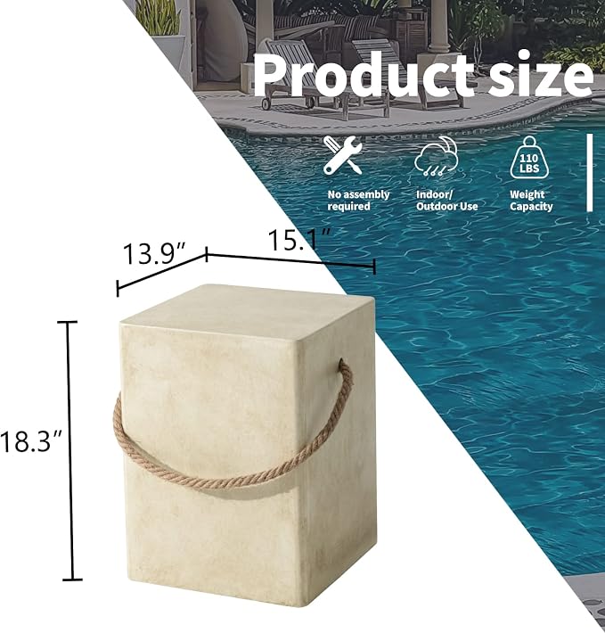 HOMPUS Outdoor Side Table Sets of 2 w Hemp Rope Handle, 2 Pieces Patio MgO Concrete Natural End Table, Square Accent Table Sets, Small Coffee Table for Garden, Patio, Porch and Deck, Warm Grey