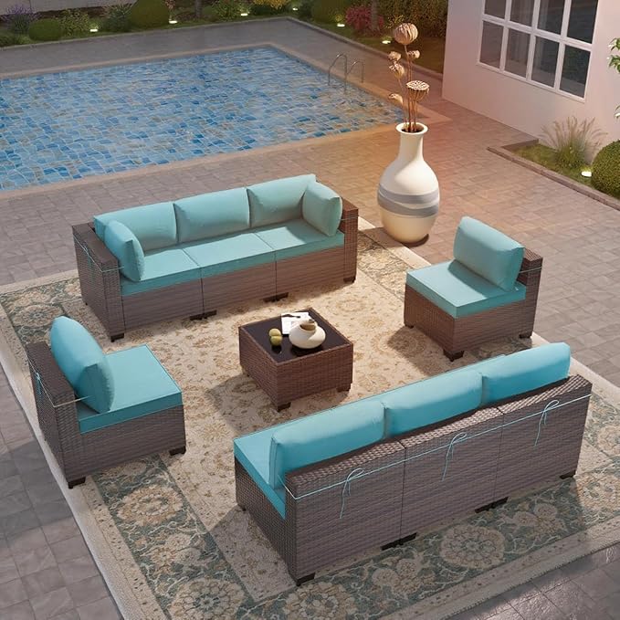 9 Pieces Outdoor Patio Furniture Sets,Wicker Conversation Set Sectional Sofa,Includes 8 All-Weather High Back PE Rattan Seating Components w/Thickened Cushions&Coffee Table,Green Blue