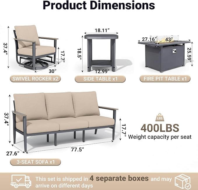 Aluminum Outdoor Patio Furniture Set, 5-Piece Outdoor Sofa with 5.1" Thick Cushions, Swivel Rocking Chairs, 55,000 BTU Propane Fire Pit Table, Outdoor Couch for Backyard, Balcony, Khaki
