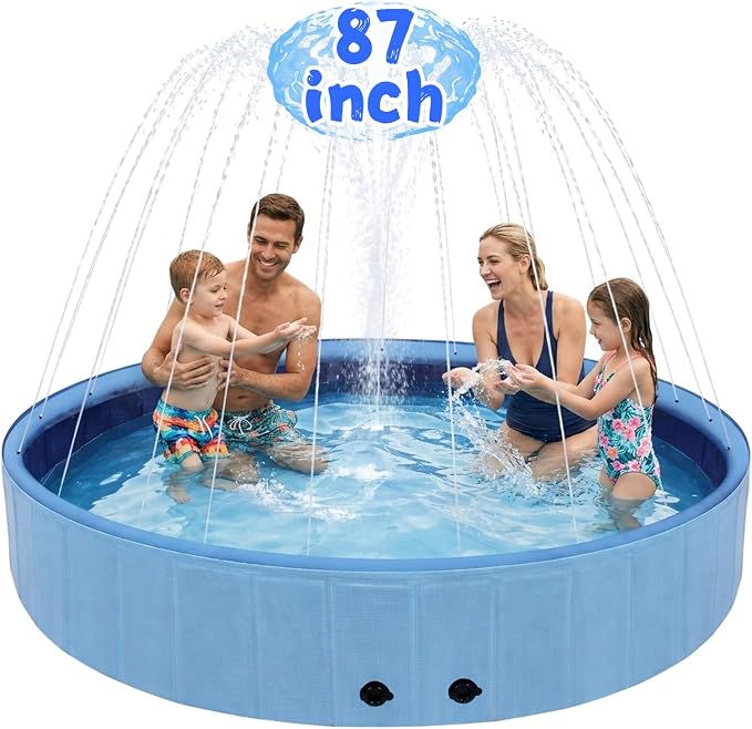 Eooqi Foldable Dog Pool with Sprinkler, 87 Inch Extra Large Thickened Splash Pool, 2-in-1 Outdoor Summer Water Play Toy, Non-Slip Hard-Side Kiddie Pool for Backyard Dogs, Kids & Pets (Blue, 87"-5XL)