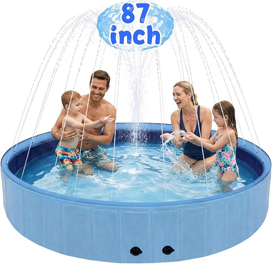 Eooqi Foldable Dog Pool with Sprinkler, 87 Inch Extra Large Thickened Splash Pool, 2-in-1 Outdoor Summer Water Play Toy, Non-Slip Hard-Side Kiddie Pool for Backyard Dogs, Kids & Pets (Blue, 87"-5XL)
