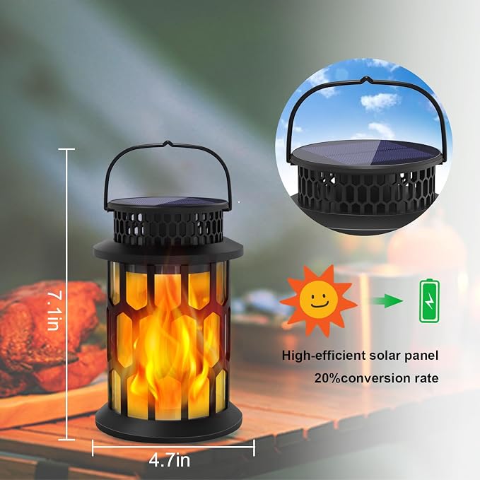 Solar Lights Outdoor Flickering Flame Lanterns, 2-Pack | IP65 waterproof ABS. Auto on/off, 8-12h runtime. Warm light for patio, garden, yard, deck.