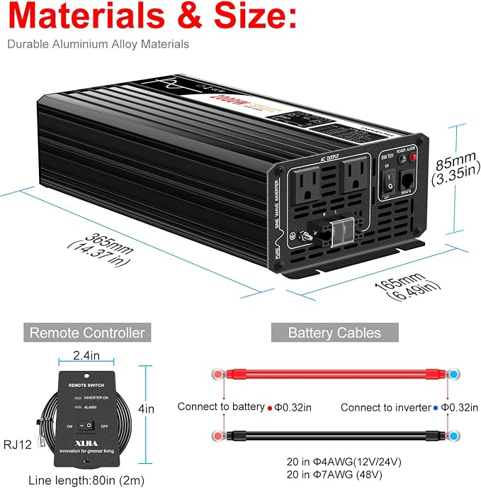 Xijia 2000W Pure Sine Wave Inverter，24V to 120V AC Converter for Home，Solar Systems，Remote and Bluetooth Control for Truck，Camping，with 2 20A AC Socket，Surge Power 4000W