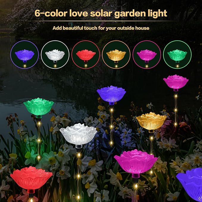 BeHiller Solar Garden Light Outdoor Waterproof,6PACKS Multicolor Bigger Rose Flowers Lights Lawn Decor,Solar Pathway Rose Lights for Garden,Mom Day,Christmas,Housewarming Gifts Decor