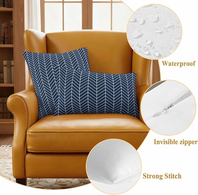 Outdoor Waterproof Throw Pillow Covers Set of 2 Navy Blue Chevron Stripes Pillowcases 26x26 Inches Modern Geometric Texture Decorative Pillows Cushion Case Patio Pillows for Couch Bed Chair Garden
