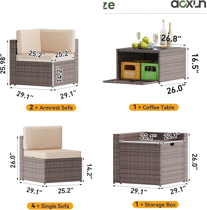 Aoxun 8 Piece Patio Furniture Set, Wicker Outdoor Furniture Set with Storage Box, Patio Sectional Set with Thickened Cushions, Waterproof Cover and 25.6" Coffee Table (Brown& Khaki)