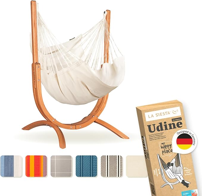 LA SIESTA - Udine Soft Organic Cotton Hammock Chair with Wooden Stand - Handmade, Tear-Resistant - FSC Certified Eucalyptus Stand - Latte