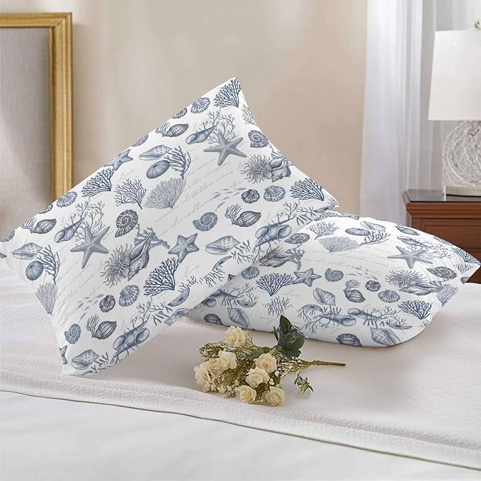 Waterproof Throw Pillow Covers for Couch Patio Living Room Furniture Garden Balcony, Ocean Sea Marine Life Coral Conch Navy Blue Rectangle Cushion Cases Home Decorations, 20 x 12 Inch Set of 2