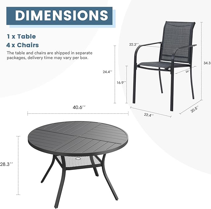 DIFY 5 Pieces Outdoor Patio Dining Set for 4, 40.6" Black Round Metal Dining Table and 4 Grey Stackable Sling Dining Chairs, Outdoor Table and Chairs for Lawn Garden Backyard Deck