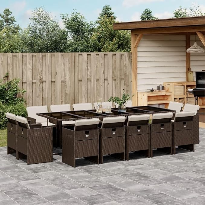 15-Piece Brown Patio Dining Set with Cream Cushions PE Rattan Outdoor Furniture Set for Garden Backyard Balcony Porch
