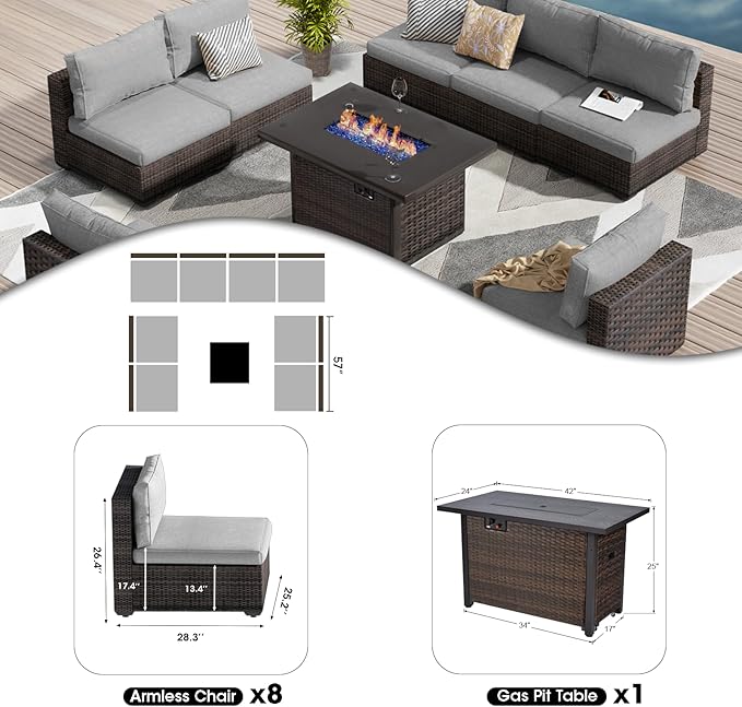 9 Pieces Outdoor Sectional Patio Furniture Set with Fire Pit Table PE Rattan Wicker Patio Sectional Armless Conversation Set with Cushions Grey