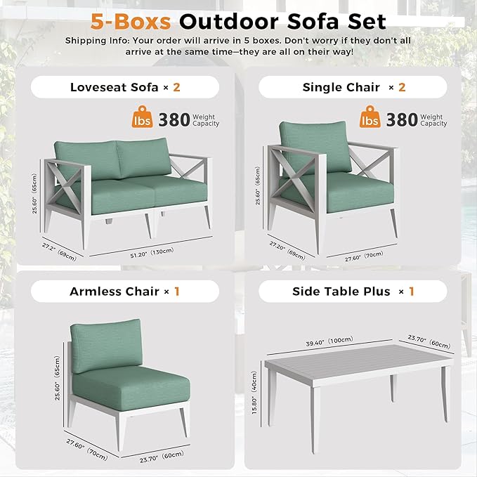 7-Seats Aluminum Outdoor Patio Furniture Set, Sectional Conversation Sofa Set with 5.2" Thick Cushions & Coffee Table,Rust-Resistant Frame Seating Sofa for Porch, Garden, Backyard, White