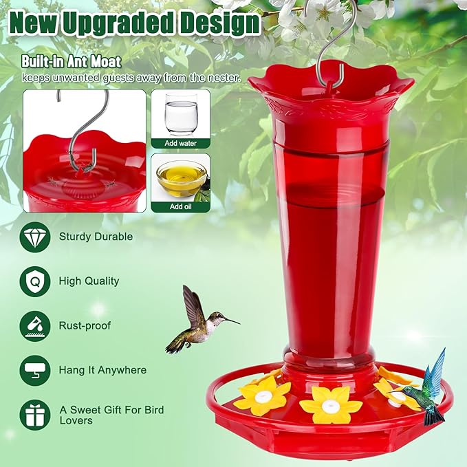 Gbekery Glass Hummingbird Feeders for Outdoors Hanging Ant and Bee Proof Red 10 OZ Bird Feeders for Outside Hanging 6 Feeding Stations Bird Nectar Feeder for Garden Yard Décor Gifts for Mom