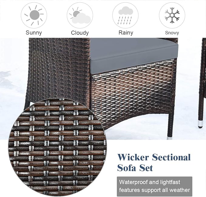 COSTWAY 4PCS Rattan Patio Furniture Set | Outdoor Wicker Rattan Chairs with Coffee Table, Rattan Cushioned Conversation Set for Backyard Balcony Porch Poolside, Grey