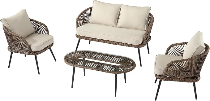 LITTLE TREE Wicker Patio Furniture Set with Coffee Table, 4 Piece Patio Sectional Furniture Set with Removable Cushions, Outdoor Conversation Set for Backyard, Garden, Porch, Balcony, Easy Assembly