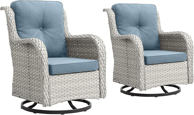 Outdoor Swivel Rocker Patio Chairs-Wicker Patio Swivel Chairs Set of 2 PE Rattan Patio Furniture for Porch Deck Balcony Garden-Light Grey/Light Blue