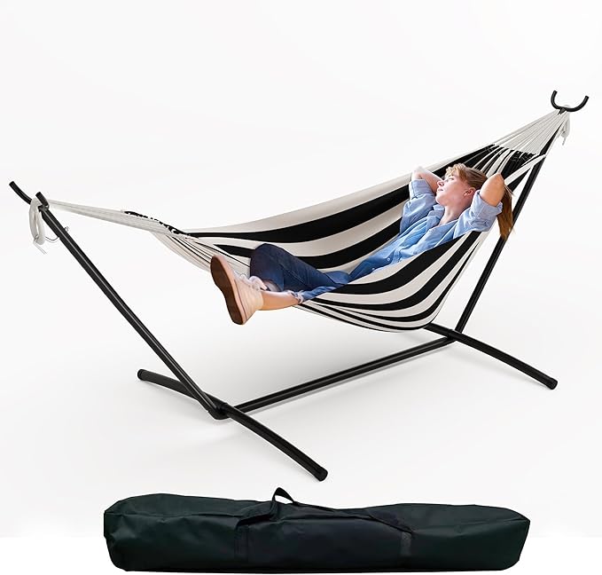 IDEALHOUSE 2 Person Double Hammock with Collapsible Heavy Duty Steel Stand - 450lbs Capacity Cotton Bed - Portable & Space-Saving - Indoor Outdoor Patio Camping Garden - Carry Bag - Black