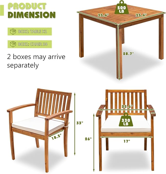 Flamaker 5 Piece Outdoor Dining Set Acacia Wood Patio Table and Chairs with Soft Cushions Patio Furniture for Deck, Backyard, Garden