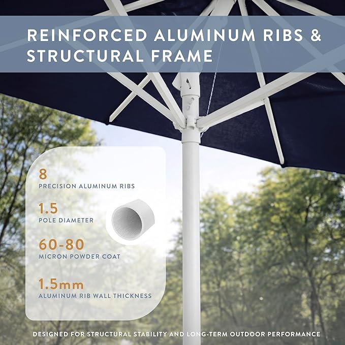 California Umbrella 8-Year Protection 7.5 Ft Outdoor Patio Umbrella, Solstice Fade-Resistant Fabric, Auto-Tilt, Heavy Duty Aluminum Frame, 8 Reinforced Ribs for Pool or Deck, White Pole, Navy Blue