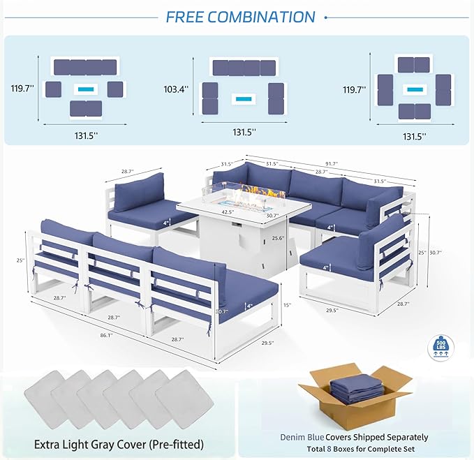 NICESOUL 8 Seat Oversized Modern Aluminum Patio Furniture Set, All Weather Rust Proof Modular Sectional Sofa with Fire Pit Table, 500 lbs Heavy Duty Comfortable Outdoor Couch for Garden, Denim Blue