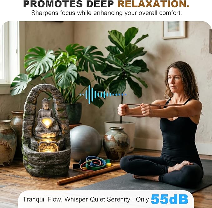 27" Outdoor Buddha Fountain with LED Lights, Zen Water Fountain Outdoor for Garden Patio Deck, 3-Tier Cascading Waterfall Fountain with Warm 3000K Glow & Pebbles, Faux Stone Resin Decor