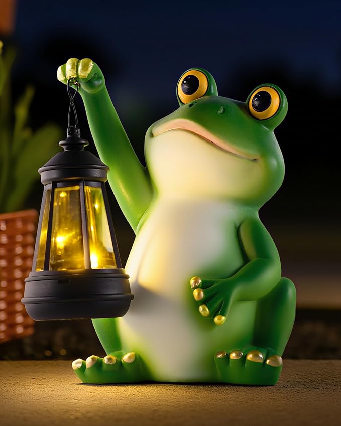 Vuees Solar Frog Garden Statue Light, Outdoor Waterproof Decorative Lantern Figurine, Cute Yard Art for Garden Patio Pond Balcony Porch Decor, Housewarming & Gardening Gifts for Women Grandma Mom