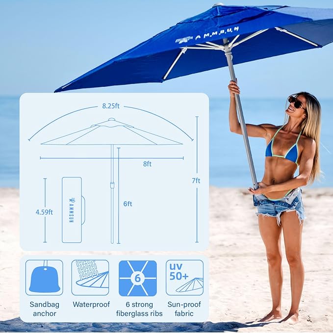 AMMSUN 8ft Large Beach Umbrellas for Sand Heavy Huty Wind Portable Commercial Grade Patio Beach Umbrella with Sand Anchor Adjustable Height Air Vent UPF 50+ Telescoping Pole without tilt Dark Blue