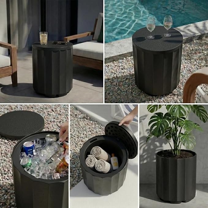 Outdoor Cooler Side Table, 2 in 1 Ice Chest Cooler Table All Weather Resistant | Dense Fluted Cooler Side Table with Hangable Lid for Patio Decor, Deck, BBQ, Beach | Black