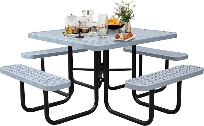 46" Square Picnic Tables for Outdoors,Commercial Metal Picnic Table Bench Set W/ Umbrella Hole,Restaurant School Canteen Tables W/Seats - Heavy Duty Sturdy Picnic Tables for Patio Garden Coffee Shop