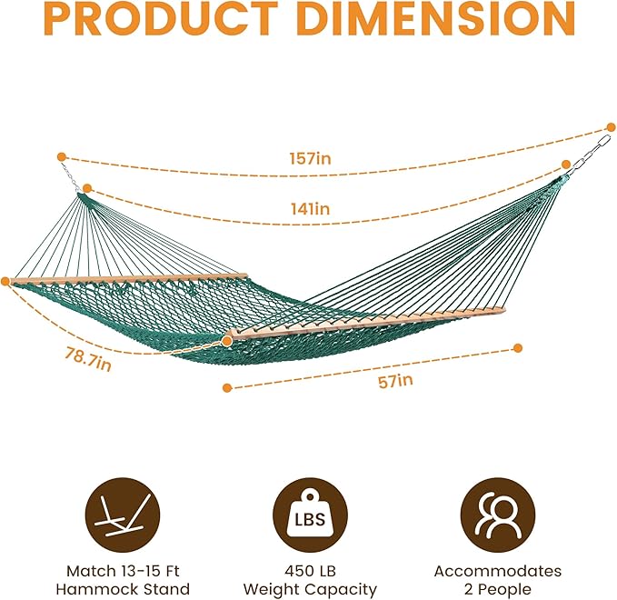 Lazy Daze Hammocks 12FT Double Rope Hammocks, 2 Person Hand Woven Cotton Hammock with Spreader Bar for Outside, Patio, Poolside, FIT 13-15 FT Stand, Max 450 Lbs, Green, 141 x 57 inches