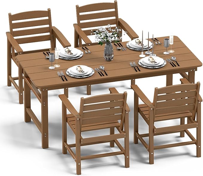 FOOWIN Outdoor Table and Chairs Set 5-Piece HDPE All Weather Patio Dining Set with Umbrella Hole,Outdoor Patio Furniture Dining Set for 4,Patio Kitchen Table Set for Garden,Backyard,Poolside, Teak