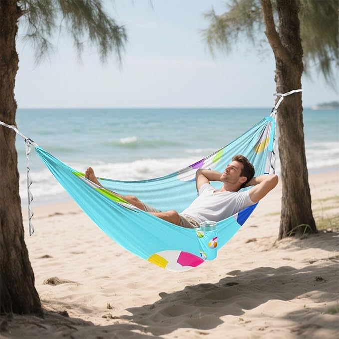 Blue Beach Ball Summer 330lb Capacity Camping Hammock with Tree Straps Backyard Hammock for Patio Backyard Lounge Base hamaca con Base para adultos