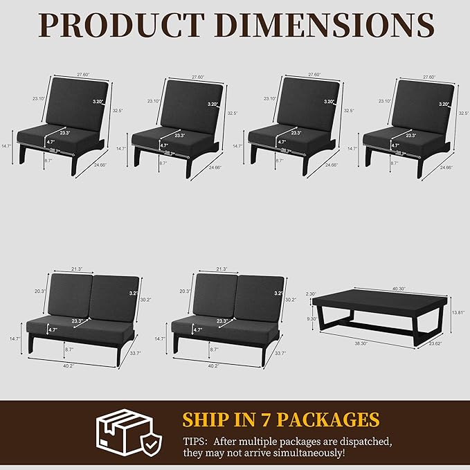 UIXE 7 Pieces All Weather Black Wood Patio Furniture Sets, 2 Patio Loveseat, 4 Patio Bistro Chair, Outdoor Sectional Sofa Furniture Backyard Conversation Set with Coffee Table - Dark Gray