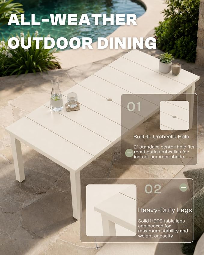 75.2" Outdoor Dining Table for 4-6 People, Patio Dining Outdoor Table with Umbrella Hole, All Weather Patio Table for Backyard, Deck and Garden, White