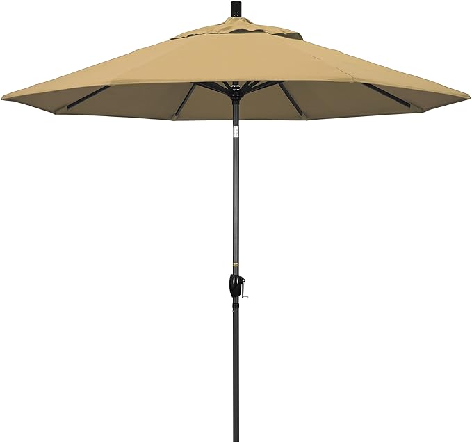 California Umbrella 9' Round Aluminum Market Umbrella, Crank Lift, Push Button Tilt, Black Pole, Champagne Olefin