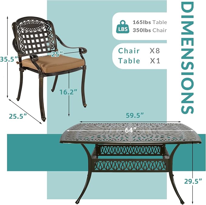 MEETWARM 9-Piece Outdoor Furniture Dining Set for 8, All Weather Cast Aluminum Patio Dining Set- Large 64" Square Table with Umbrella Hole and 8 Cushioned Chairs, Patio Table and Chairs Set, Khaki
