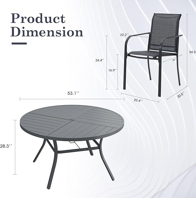 Patio Table and Chairs Sets for 8, Outdoor Dining Set with 8 Stackable Dining Chairs and 54" x 54" Round Thick Slatted Table for Backyard, Deck, Lawn, Garden, Grey & Dark Grey