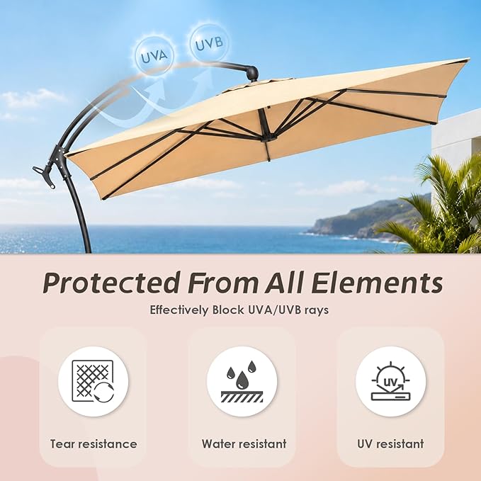 AECOJOY 10 Ft Cantilever Umbrella with Base Included, Large Square Aluminum Outdoor Cantilever Offset Patio Umbrellas w/ 360° Rotation, Infinite Tilt Adjustment for Pool, Garden, Desk, Beige