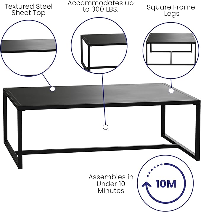 EMMA + OLIVER All-Weather Commercial Grade Indoor/Outdoor Steel Patio Coffee Table in Black