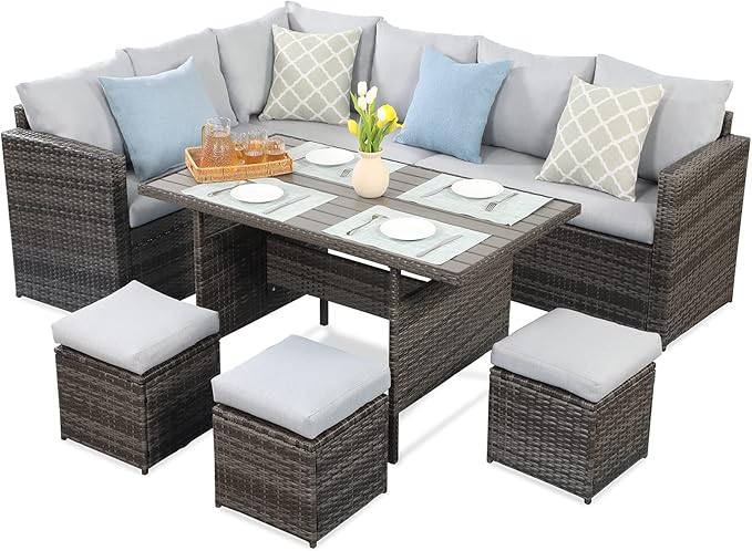 Wisteria Lane Patio Furniture Set - 7 Piece Wicker Rattan Outdoor Dining Set with Table, Chairs, Ottomans, Sectional, Grey