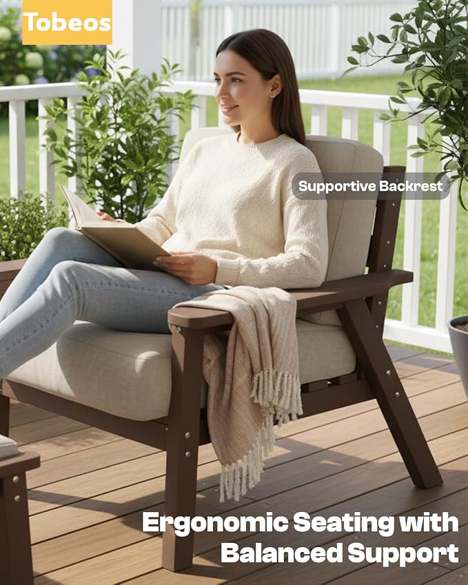 HDPE Patio Furniture Set 5 Seats with Cantilever Umbrella, Outdoor Couch with Washable Thick Beige Cushions & Tables, Outdoor Sectional Furniture for Deck, Lawn, Porch (Brown Frame)