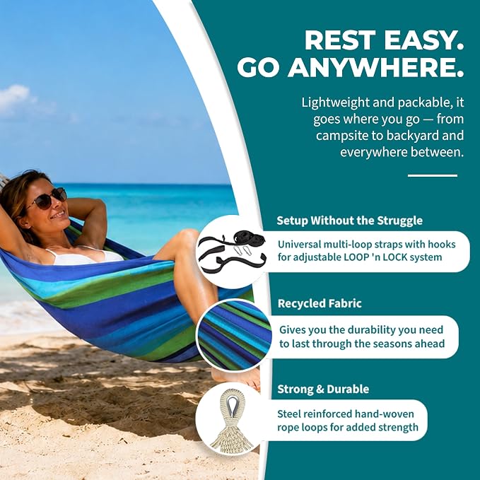 Bliss Hammocks 40" W Single Outdoor Hammock with Universal Multi-Loop Suspension with "S" Hooks, Durable, Cotton/Polyester, 220 Lbs Capacity, Seabreeze