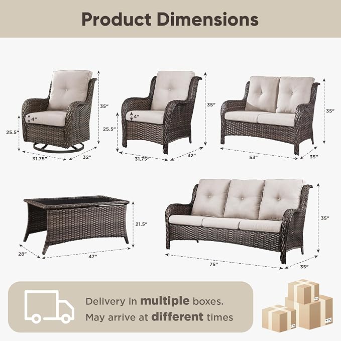 Belord 7 Piece Wicker Patio Furniture Set, Outdoor Swivel Rocker Chairs Set of 2 with Ottomans, 3 Seat Sofa and Loveseat, All Weather Patio Conversation Furniture Set, for Pool,Yard Brown Wicker/Beige
